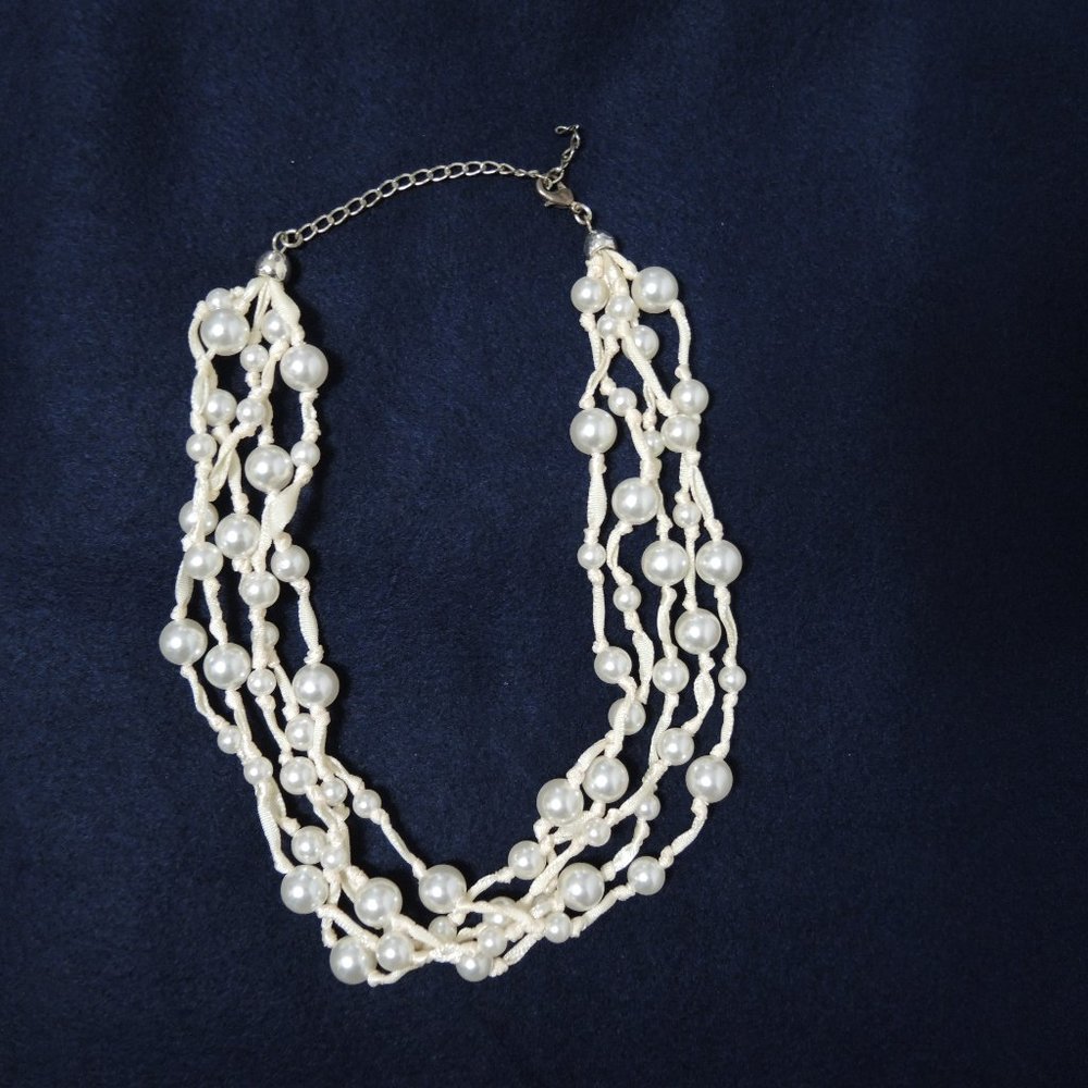 Five Strand Necklace Ribbon & Faux Pearl Cream Color 8" Drop
